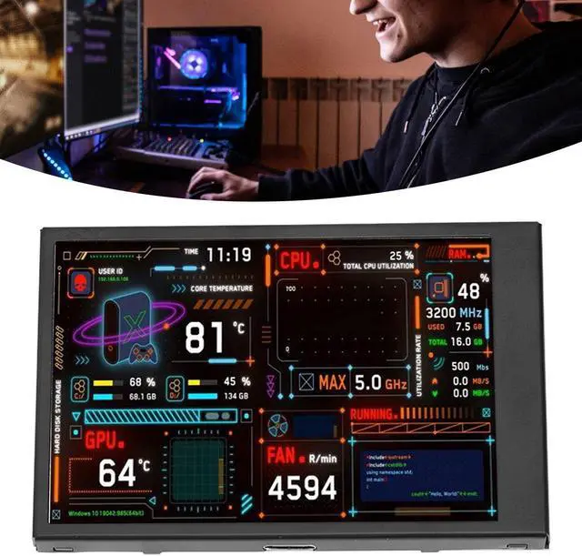 Alt view image 3 of 5 - 3.5inch Computer Temp Monitor, USB C PC IPS Mini Sensor Panel Display, for AIDA64 PC CPU Data Temperature Monitor Computer Case Secondary Screen