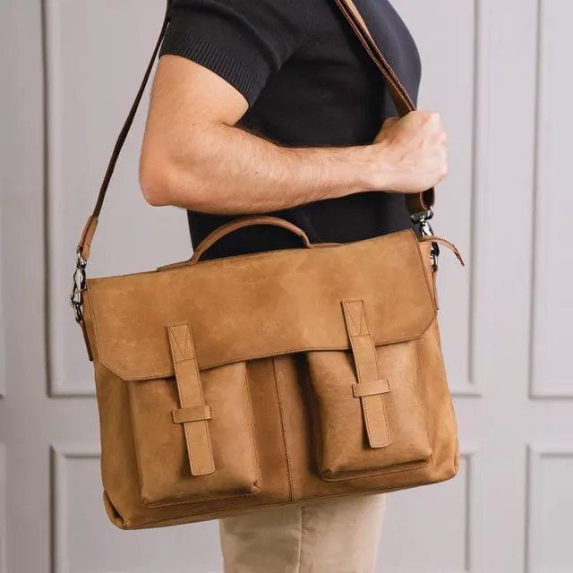 Alt view image 4 of 5 - VELEZ Brown Top Grain Leather Messenger + Crossbody Bag for Men