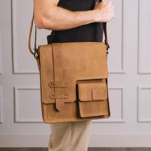Alt view image 5 of 5 - VELEZ Brown Top Grain Leather Messenger + Crossbody Bag for Men