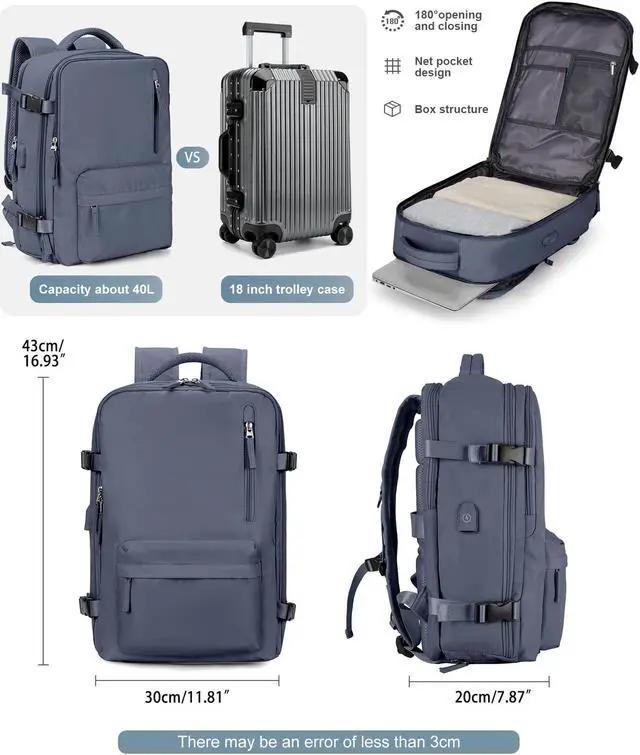 Alt view image 2 of 5 - VGCUB Large Travel Backpack Bag for Women Men,Carry on Backpack,17 Inch Laptop Business Work Waterproof Backpack with Laptop Compartment,Person Item Flight Approved,Mochila de Viaje,Grey Blue