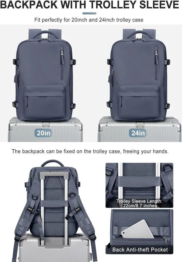 Alt view image 3 of 5 - VGCUB Large Travel Backpack Bag for Women Men,Carry on Backpack,17 Inch Laptop Business Work Waterproof Backpack with Laptop Compartment,Person Item Flight Approved,Mochila de Viaje,Grey Blue