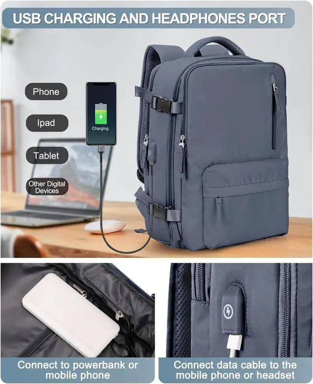 Alt view image 4 of 5 - VGCUB Large Travel Backpack Bag for Women Men,Carry on Backpack,17 Inch Laptop Business Work Waterproof Backpack with Laptop Compartment,Person Item Flight Approved,Mochila de Viaje,Grey Blue