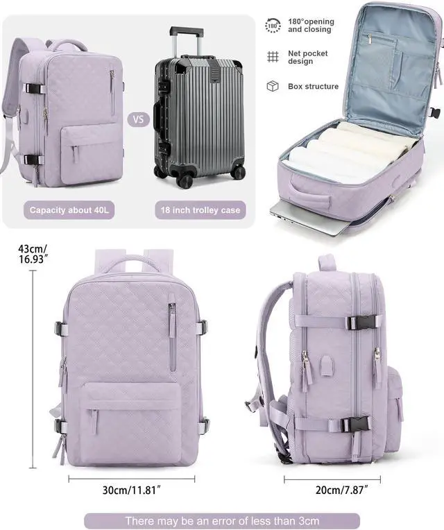 Alt view image 2 of 5 - VGCUB Large Travel Backpack for Women Men, Carry on Backpack Airline Approved Gym Backpack Waterproof Business Laptop Daypack,Purple