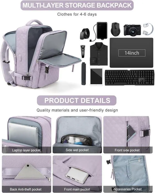 Alt view image 4 of 5 - VGCUB Large Travel Backpack for Women Men, Carry on Backpack Airline Approved Gym Backpack Waterproof Business Laptop Daypack,Purple