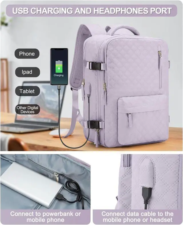 Alt view image 3 of 5 - VGCUB Large Travel Backpack for Women Men, Carry on Backpack Airline Approved Gym Backpack Waterproof Business Laptop Daypack,Purple