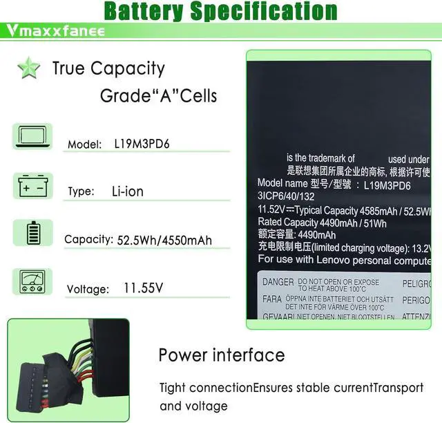 Alt view image 2 of 5 - Vmaxxfanee L19M3PD6 52.5WH Laptop Battery Replacement for Lenovo Flex 5-15IIL05 5-14ARE05 5-14IIL05 81X2 82DF Series Notebook L19L3PD6 L19C3PD6 L19D3PD6 SB10X49074 SB10X49076 11.55V 4550mAh