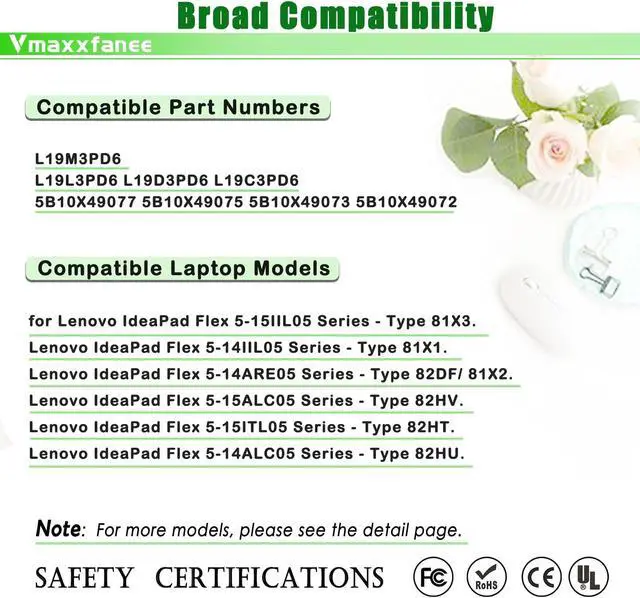 Alt view image 5 of 5 - Vmaxxfanee L19M3PD6 52.5WH Laptop Battery Replacement for Lenovo Flex 5-15IIL05 5-14ARE05 5-14IIL05 81X2 82DF Series Notebook L19L3PD6 L19C3PD6 L19D3PD6 SB10X49074 SB10X49076 11.55V 4550mAh