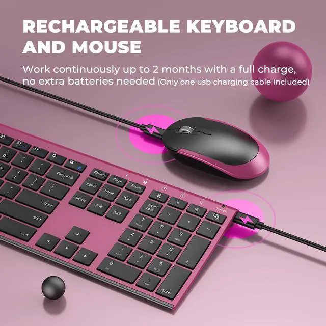 Alt view image 4 of 5 - Wireless Keyboard and Mouse, Vssoplor 2.4GHz Rechargeable Compact Quiet Full-Size Keyboard and Mouse Combo with Nano USB Receiver for Windows, Laptop, PC, Notebook-Black and Wine Red