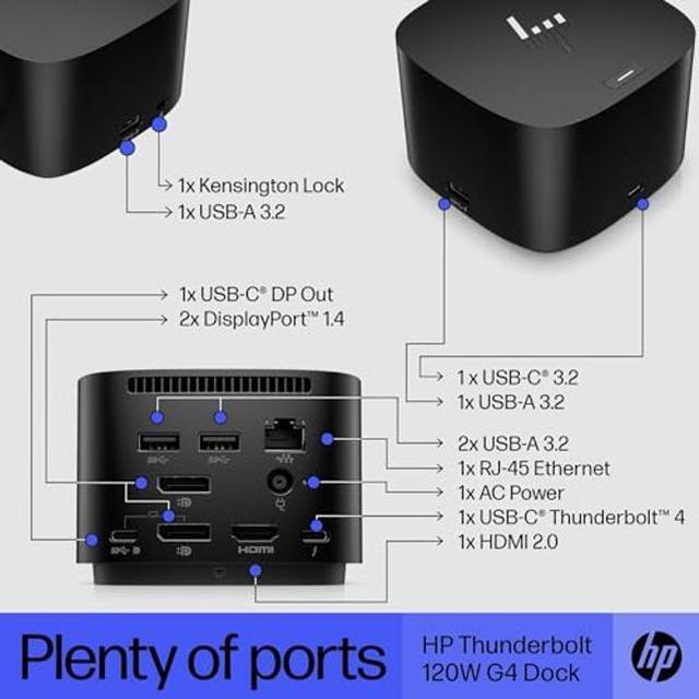 Alt view image 5 of 5 - HP Thunderbolt 4 Dock 120W G4 (4J0A2AA), 13-in-1 USB C Docking Station with Max 100W Charging, 4 Monitors 4K Display, Ethernet Port, 6 USB Ports, HDMI, 2 Displayport for Laptop, MacOS, ChromeOS, PC