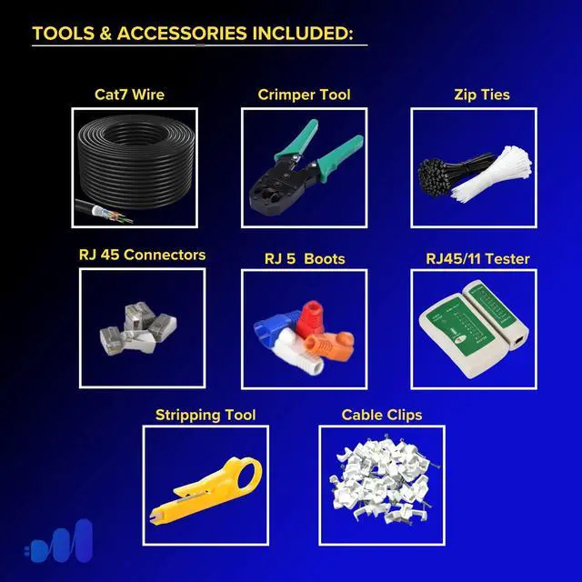 Alt view image 2 of 5 - Maximm Cat7 High-Speed Wire Installation Kit 100 ft Black - Crimp Tool, 50 RJ45 Connectors, Tester, Cable Ties, Caps, Adapters - Tools & Accessories Included