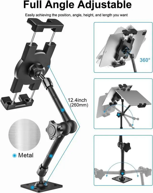 Alt view image 3 of 5 - woleyi Drill Base Tablet Mount for Truck - [Metal Long Arm] Heavy Duty Truck Tablet Holder Dashboard Car Mount for Commercial Vehicles, Semi Trucks, for 4.7-13" iPad Pro, Air, Mini, Galaxy Tab, Z Fold