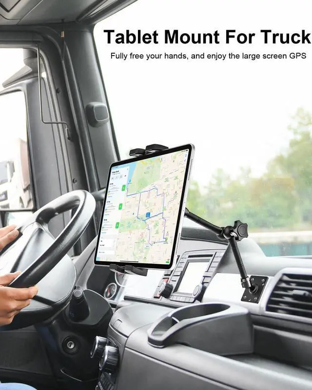 Alt view image 2 of 5 - woleyi Drill Base Tablet Mount for Truck - [Metal Long Arm] Heavy Duty Truck Tablet Holder Dashboard Car Mount for Commercial Vehicles, Semi Trucks, for 4.7-13" iPad Pro, Air, Mini, Galaxy Tab, Z Fold
