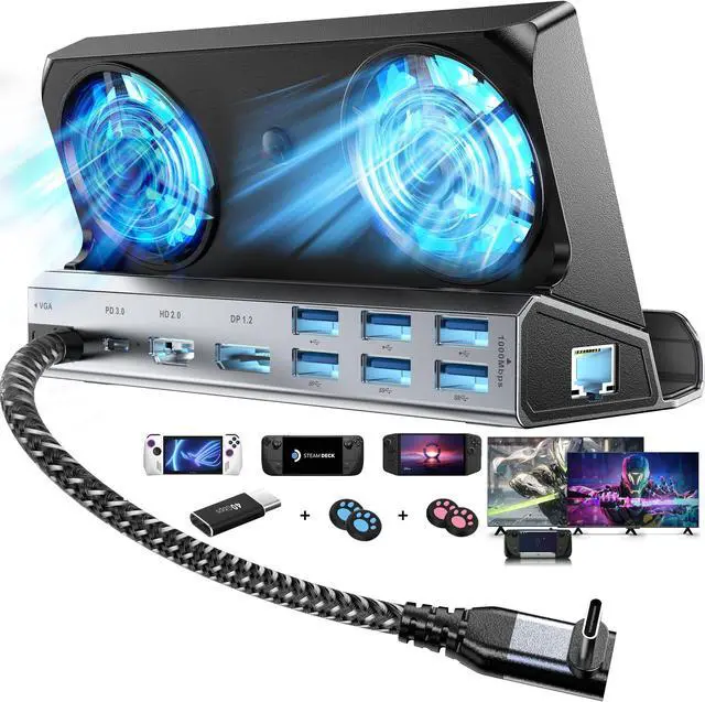 Main image of Dual Cooling Fans Multi Monitor 14 in 1 Steam Deck Docking Station with 4K@60 Hz,DP1.2,VGA 1080P 6 USB A,1000Mbps,Type C 100W PD, 40Gbps Adapter for Steam Deck/Rog Ally/Switch/Legion Go