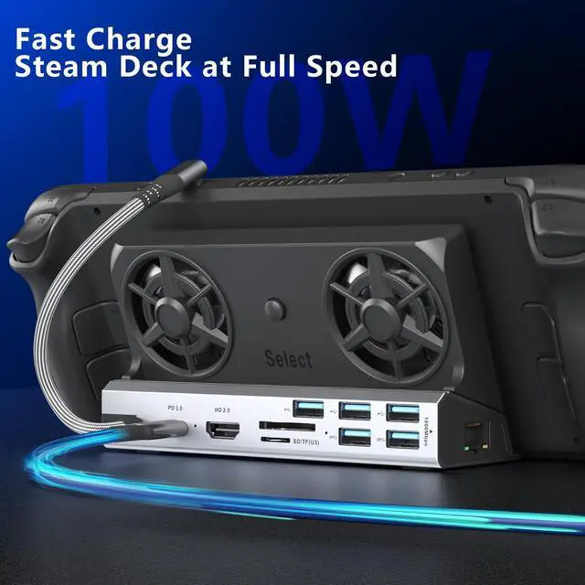 Alt view image 5 of 5 - Dual Cooling Fans Multi Monitor 14 in 1 Steam Deck Docking Station with 4K@60 Hz,DP1.2,VGA 1080P 6 USB A,1000Mbps,Type C 100W PD, 40Gbps Adapter for Steam Deck/Rog Ally/Switch/Legion Go
