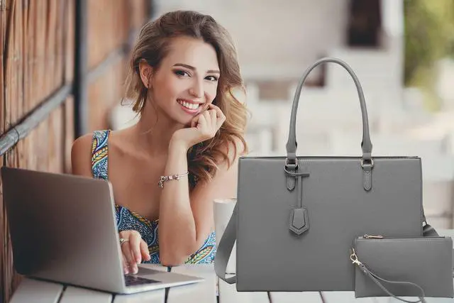 Alt view image 5 of 5 - Laptop Tote for Women - 17 inch Casual Work Bag with USB Charging Port & Clutch Purse (Grey)