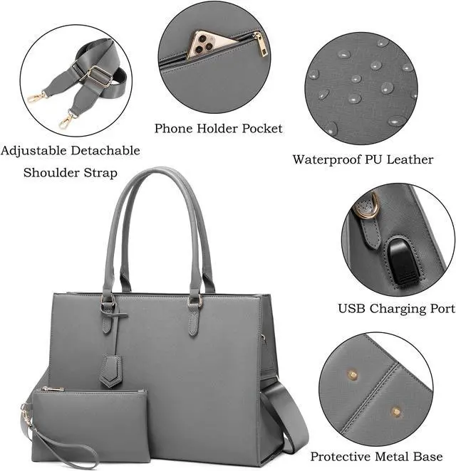 Alt view image 3 of 5 - Laptop Tote for Women - 17 inch Casual Work Bag with USB Charging Port & Clutch Purse (Grey)