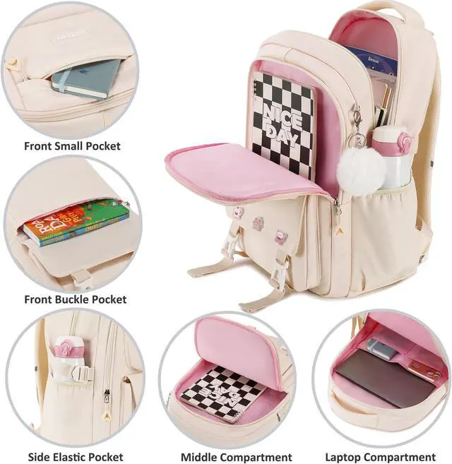 Alt view image 3 of 5 - AO ALI VICTORY Backpack for Women Girls Set with Pencil Case 15.6 Inch Laptop School Bag Kids Elementary College Backpacks (White)