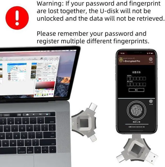Alt view image 5 of 5 - BesVitalLife Fingerprint 256GB USB 3.0 Flash Drive for iPhone - High-Speed Secure Thumb Drive with Fingerprint Encryption, Portable Metal Case