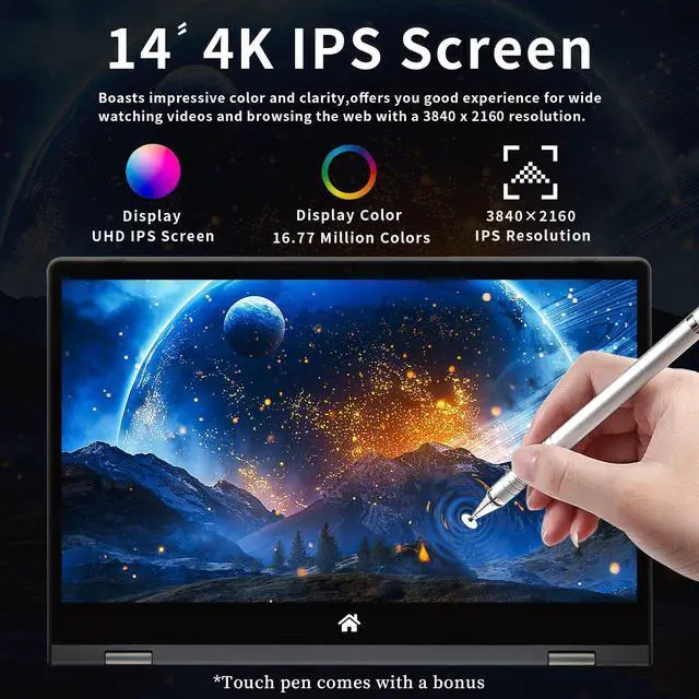 Alt view image 3 of 5 - BINTEC 14'' 2 in 1 Touchscreen Laptop,3840 * 2160 IPS LCD, celeron N95(up to 3.4GHz), 16GB DDR4,Windows 11,Backlit Keyboard,Fingerprint Unlock,2.4G/5G WiFi,Type-C,Bluetooth 4.2 960G