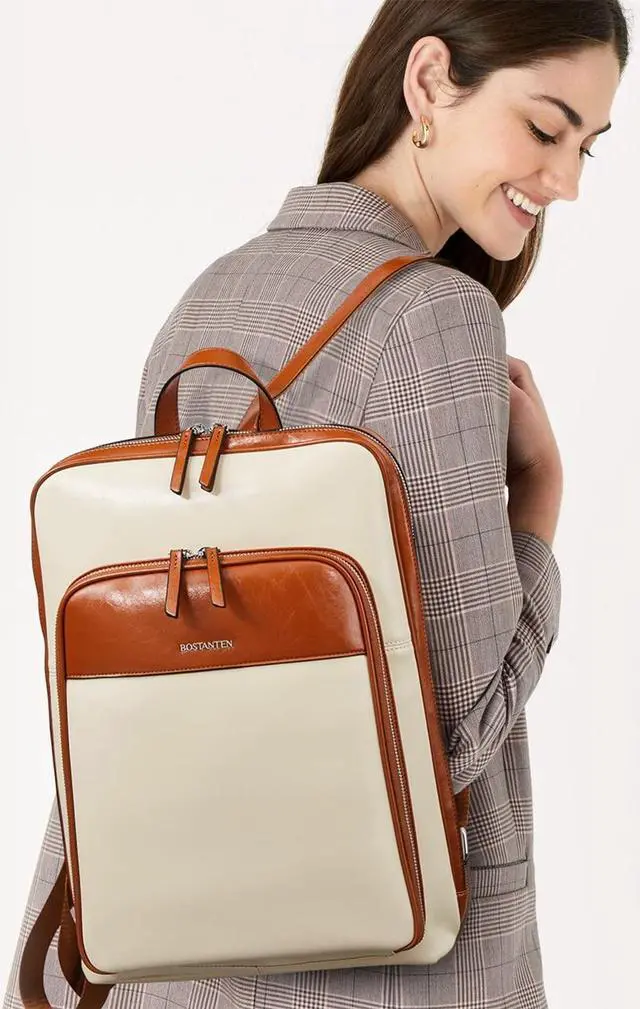 Alt view image 2 of 5 - BOSTANTEN Leather Laptop Backpack for Women 15.6 inch Computer Bag Travel Work Daypack Large Size Bag