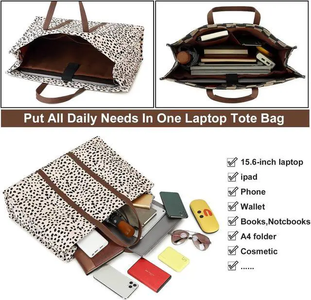 Alt view image 4 of 5 - Laptop Tote Bag for Women Work Shoulder Bags 15.6 inch Canvas Laptop Computer Purse Messenger Teacher Handbag Business Office Briefcase (Leopard - Apricot)
