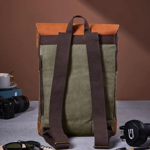 Alt view image 3 of 5 - BRASS TACKS Leathercraft Vintage Waterproof Waxed Canvas Leather Backpack for Men Women 15.6" laptop Travel Rucksack