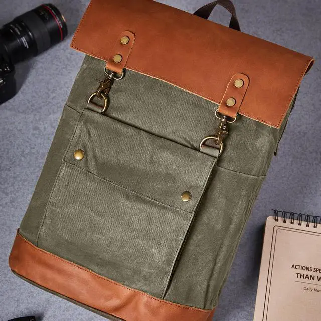 Alt view image 2 of 5 - BRASS TACKS Leathercraft Vintage Waterproof Waxed Canvas Leather Backpack for Men Women 15.6" laptop Travel Rucksack