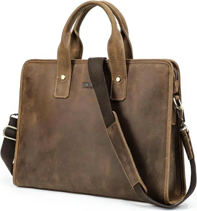 Main image of CataPurus Top Grain Leather 14.2" Laptop Slim Briefcase Crossbody Handbag, Handmade & Adjustable Strap, Fits to MacBook Pro/Air 14"/13.3"/13.6" 2021 2022 M1 Pro/M1 Max & A4/A5 Paper, Coffee 14.2 Inch