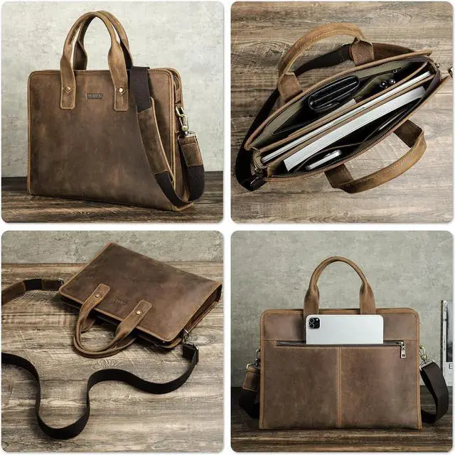 Alt view image 2 of 5 - CataPurus Top Grain Leather 14.2" Laptop Slim Briefcase Crossbody Handbag, Handmade & Adjustable Strap, Fits to MacBook Pro/Air 14"/13.3"/13.6" 2021 2022 M1 Pro/M1 Max & A4/A5 Paper, Coffee 14.2 Inch