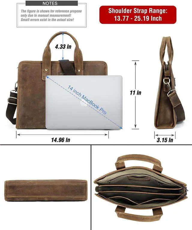 Alt view image 4 of 5 - CataPurus Top Grain Leather 14.2" Laptop Slim Briefcase Crossbody Handbag, Handmade & Adjustable Strap, Fits to MacBook Pro/Air 14"/13.3"/13.6" 2021 2022 M1 Pro/M1 Max & A4/A5 Paper, Coffee 14.2 Inch