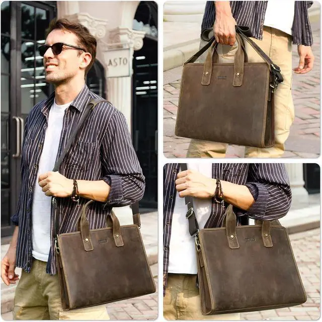Alt view image 3 of 5 - CataPurus Top Grain Leather 14.2" Laptop Slim Briefcase Crossbody Handbag, Handmade & Adjustable Strap, Fits to MacBook Pro/Air 14"/13.3"/13.6" 2021 2022 M1 Pro/M1 Max & A4/A5 Paper, Coffee 14.2 Inch