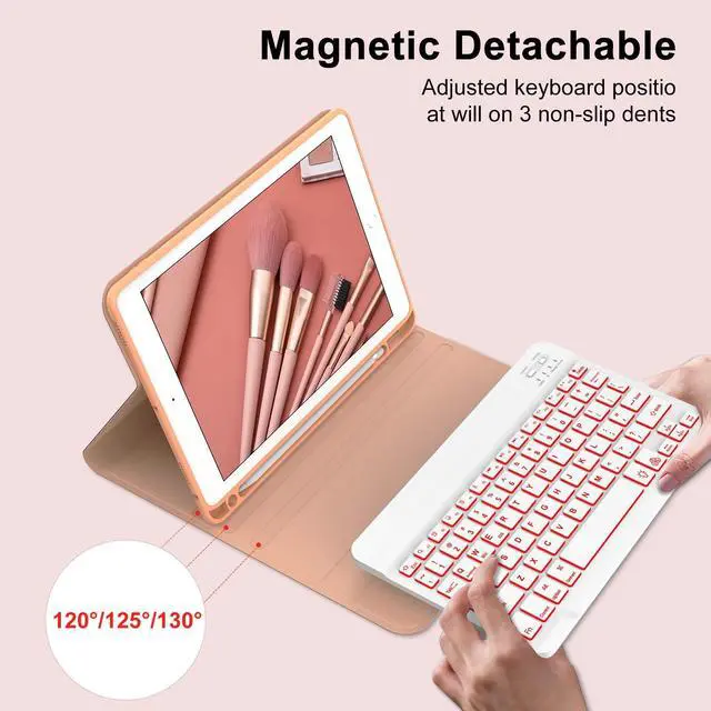 Alt view image 5 of 5 - Keyboard Case for iPad 6th/5th Generation 9.7 inch, Slim Folio Smart Case with Pencil Holder for iPad Air 2, Rechargeable, Detachable Wireless Keyboard with 7 Color Backlit for iPad Pro 9.7 - Pink