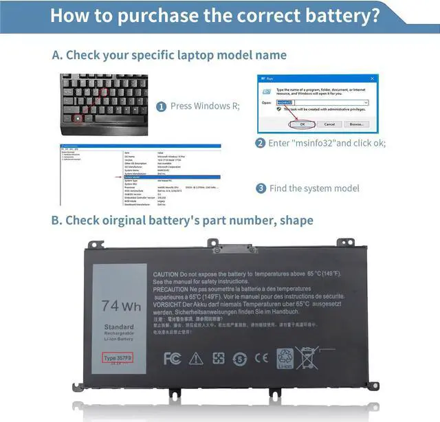 Alt view image 3 of 5 - Perhanmm 74Wh Type 357F9 71JF4 Li-ion Battery for Dell Inspiron 15 7000 Gaming 15 7559 7557 7567 7566 7759 5576 5577 INS15PD 0GFJ6 P57F P65F001 071JF4 0357F9 6-Cell 11.1V 11.4V