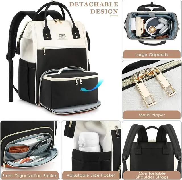 Alt view image 2 of 5 - ETRONIK Lunch Backpack, 17.3 Inch Laptop Backpack with USB Port, Stylish Nurse, Teacher Work Bag with Insulated Cooler Lunch Box for Women Men/Travel, Black-Beige-Brown