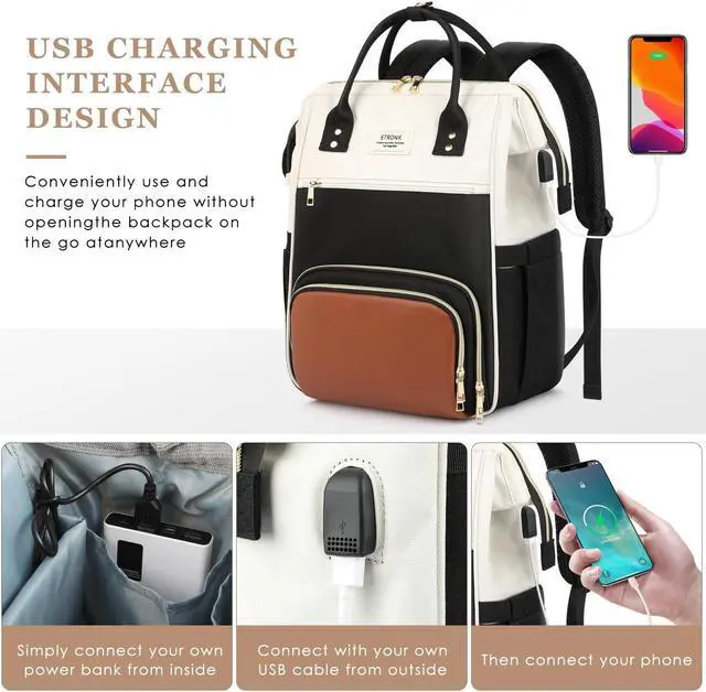 Alt view image 5 of 5 - ETRONIK Lunch Backpack, 17.3 Inch Laptop Backpack with USB Port, Stylish Nurse, Teacher Work Bag with Insulated Cooler Lunch Box for Women Men/Travel, Black-Beige-Brown