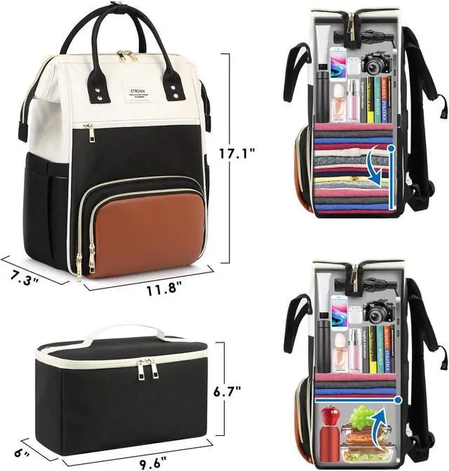 Alt view image 4 of 5 - ETRONIK Lunch Backpack, 17.3 Inch Laptop Backpack with USB Port, Stylish Nurse, Teacher Work Bag with Insulated Cooler Lunch Box for Women Men/Travel, Black-Beige-Brown