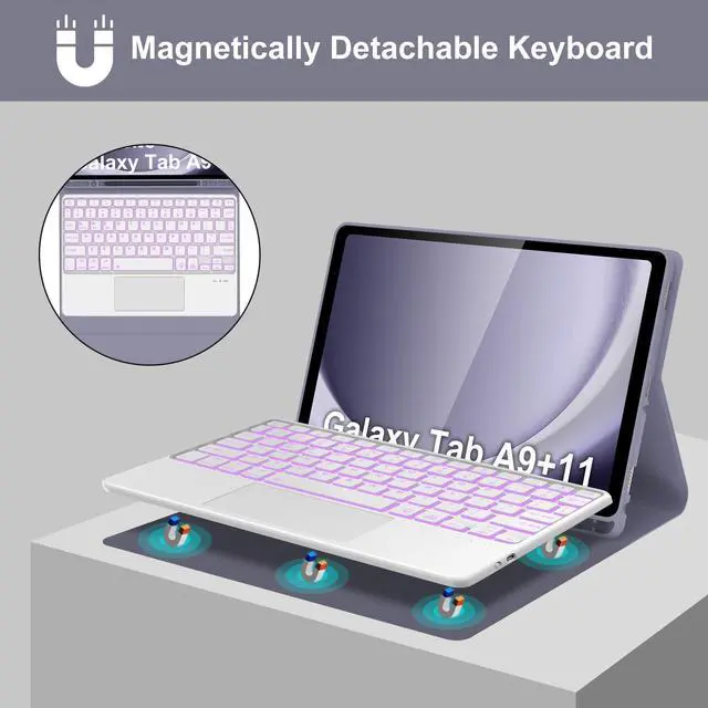Alt view image 4 of 5 - Keyboard Case for Samsung Galaxy Tab A9 Plus11 inch/ A9+ 5G (Sm-X210/X216/X218), Detachable Wireless Bluetooth Keyboard with Trackpad,7 Colors RGB Backlit, Smart Folio Cover with S Pen Holder-Purple