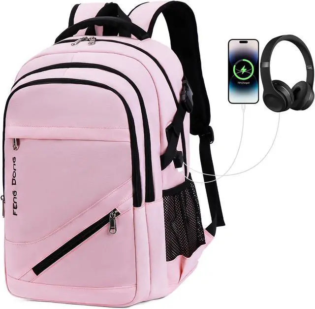 Main image of FENGDONG Large Laptop Backpack 17.3 inch Waterproof Travel College Backpack Bookbag,Crossbody Sling Bags for Men & Women Business Backpack Light Pink