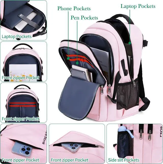 Alt view image 3 of 5 - FENGDONG Large Laptop Backpack 17.3 inch Waterproof Travel College Backpack Bookbag,Crossbody Sling Bags for Men & Women Business Backpack Light Pink