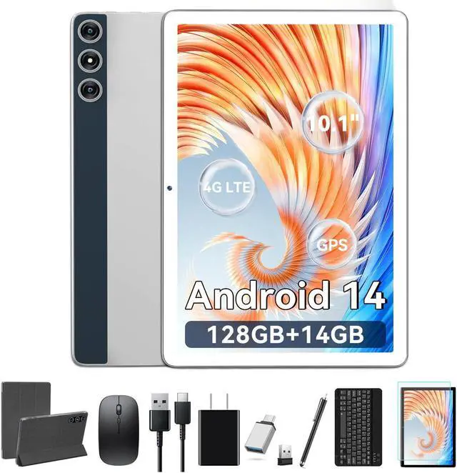 Main image of Tablet 10.1 Inch Android 14, Octa-Core 5G WiFi, 128GB ROM 14GB RAM, Dual Sim Card Slot, Camera, 2025 Latest Tab with Keyboard Bundle 1TB Expand Android Tablet 13MP+8MP, Unlocked for T-Mobile (Silver)
