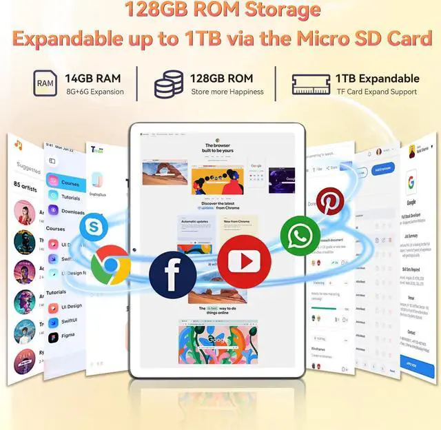 Alt view image 2 of 5 - Tablet 10.1 Inch Android 14, Octa-Core 5G WiFi, 128GB ROM 14GB RAM, Dual Sim Card Slot, Camera, 2025 Latest Tab with Keyboard Bundle 1TB Expand Android Tablet 13MP+8MP, Unlocked for T-Mobile (Silver)
