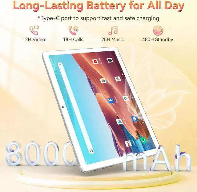 Alt view image 5 of 5 - Tablet 10.1 Inch Android 14, Octa-Core 5G WiFi, 128GB ROM 14GB RAM, Dual Sim Card Slot, Camera, 2025 Latest Tab with Keyboard Bundle 1TB Expand Android Tablet 13MP+8MP, Unlocked for T-Mobile (Silver)