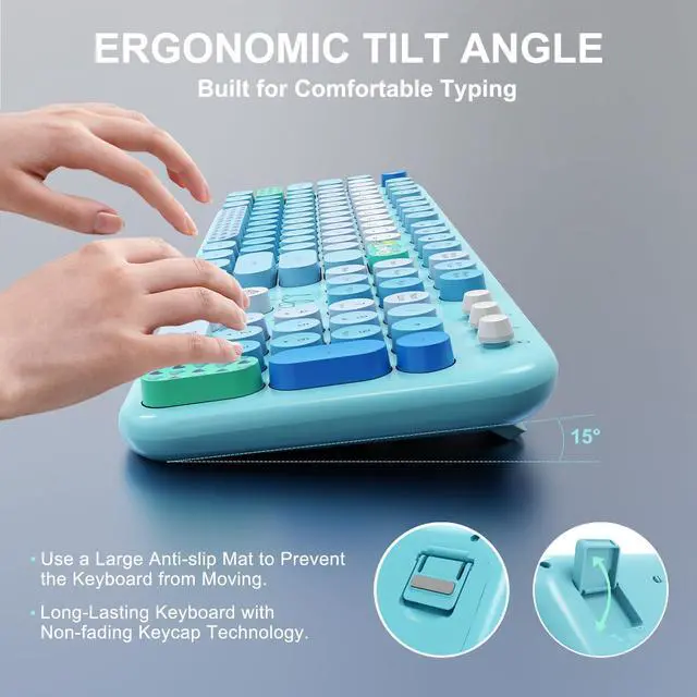 Alt view image 3 of 5 - FOPETT Wireless Keyboard and Mouse Combo - 2.4G Full-Sized Cute Colorful Retro Keyboard with Round Keycaps 104 Keys Typewriter Keyboard for Laptop/Windows/PC-Blue Colorful