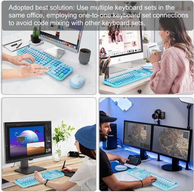 Alt view image 2 of 5 - FOPETT Wireless Keyboard and Mouse Combo - 2.4G Full-Sized Cute Colorful Retro Keyboard with Round Keycaps 104 Keys Typewriter Keyboard for Laptop/Windows/PC-Blue Colorful