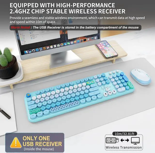 Alt view image 4 of 5 - FOPETT Wireless Keyboard and Mouse Combo - 2.4G Full-Sized Cute Colorful Retro Keyboard with Round Keycaps 104 Keys Typewriter Keyboard for Laptop/Windows/PC-Blue Colorful