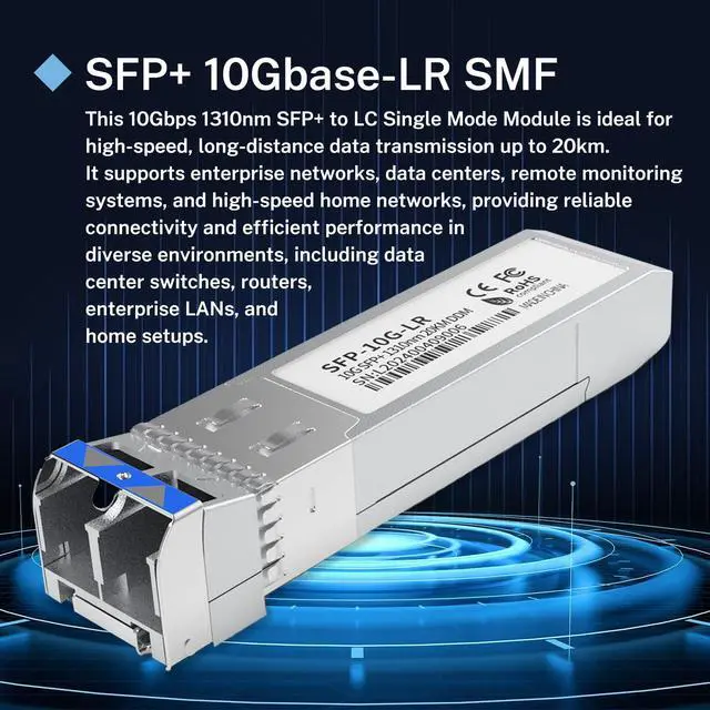 Alt view image 3 of 5 - 10Pack SFP+ LC 10GBase-LR Transceiver - 10G Single Mode Module, Compatible with Cisco SFP-10G-LR, Ubiquiti UF-SM-10G, Meraki, Mikrotik, Netgear, Aruba, TP-Link and More - 1310nm, SMF, 20km, DDM