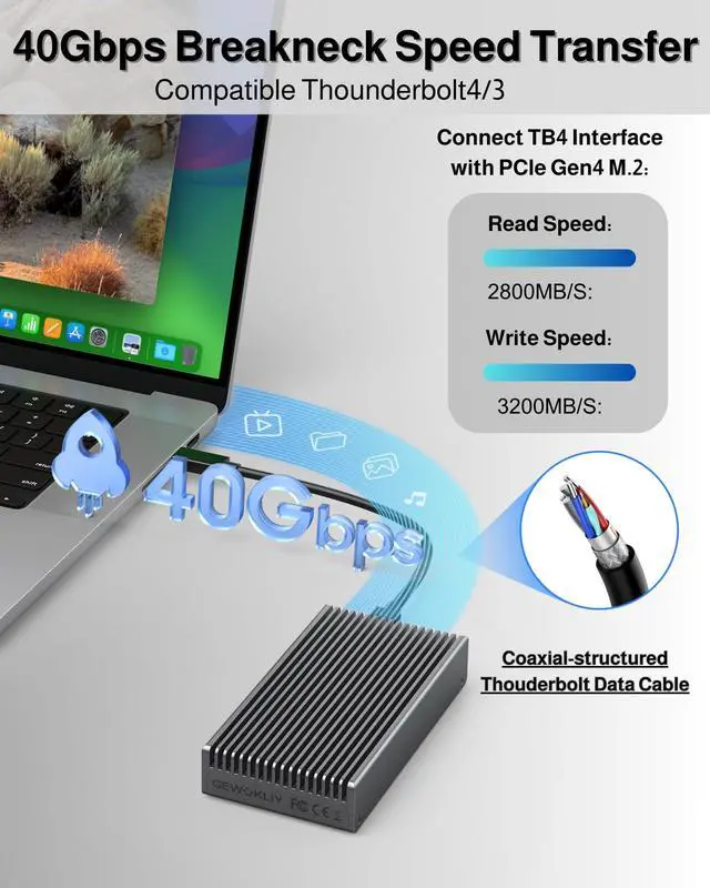 Alt view image 2 of 5 - GEWOKLIY Noiseless 40Gbps M.2 NVMe Enclosure, USB C Aluminum External SSD Enclosure Compatible Thunderbolt4/3 8TB SSD Adapter, PCIe Gen4 M.2 SSD Reader Fits 2280/2260/2242/2230mm M B+M Key