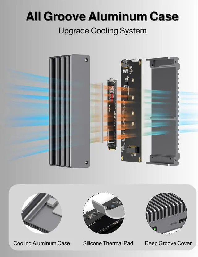 Alt view image 3 of 5 - GEWOKLIY Noiseless 40Gbps M.2 NVMe Enclosure, USB C Aluminum External SSD Enclosure Compatible Thunderbolt4/3 8TB SSD Adapter, PCIe Gen4 M.2 SSD Reader Fits 2280/2260/2242/2230mm M B+M Key