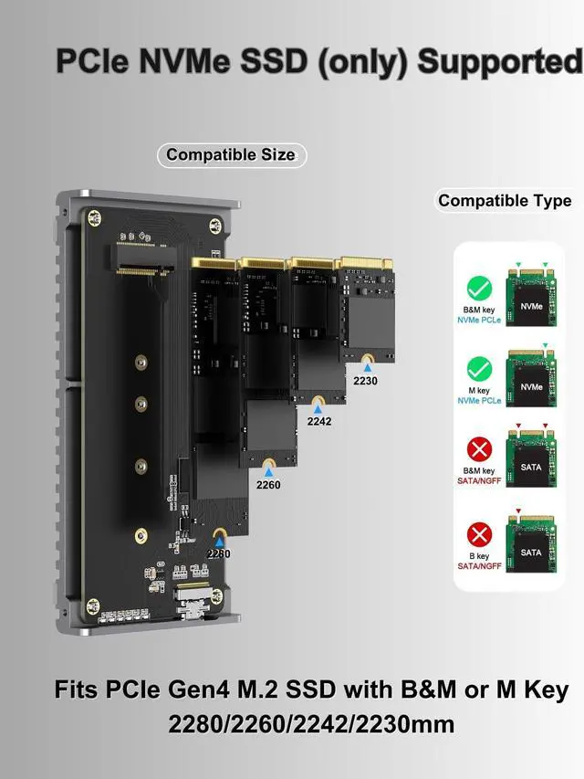 Alt view image 5 of 5 - GEWOKLIY Noiseless 40Gbps M.2 NVMe Enclosure, USB C Aluminum External SSD Enclosure Compatible Thunderbolt4/3 8TB SSD Adapter, PCIe Gen4 M.2 SSD Reader Fits 2280/2260/2242/2230mm M B+M Key