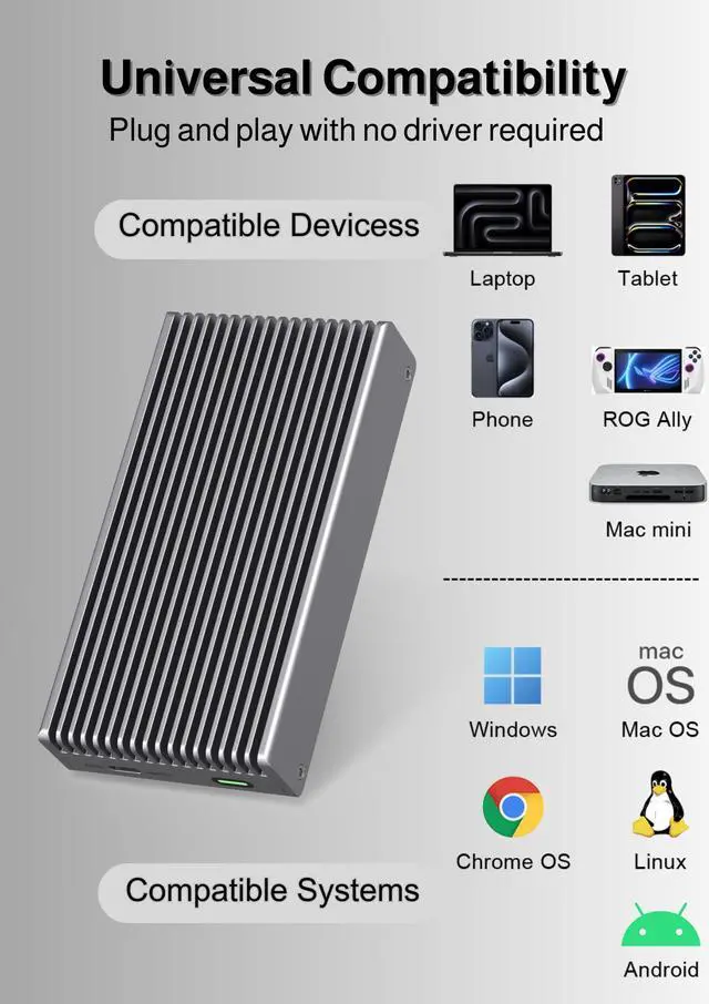 Alt view image 5 of 5 - Gewokliy Noiseless 40Gbps M.2 NVMe Enclosure up to 8TB, USB C Cooling Aluminum External SSD Enclosure Compatible Thunderbolt4/3 & USB4/3 SSD Adapter, PCIe Gen4 Fits 2280/2260/2242/2230mm M B+M Key